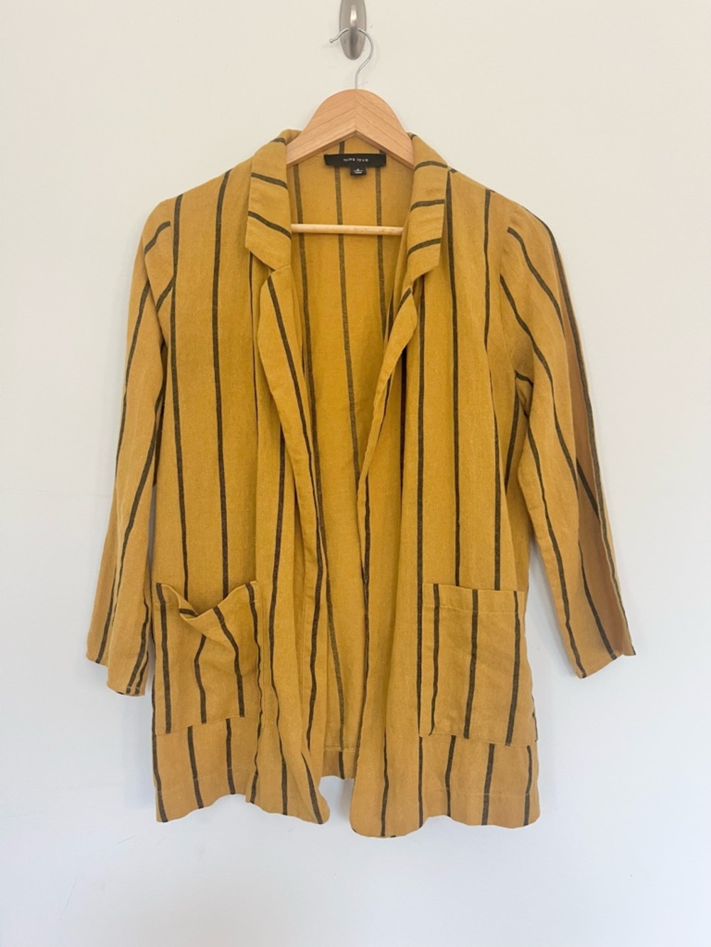 Miss Love Open Front Mustard and Gray Striped Jacket Midlength VTG Style S